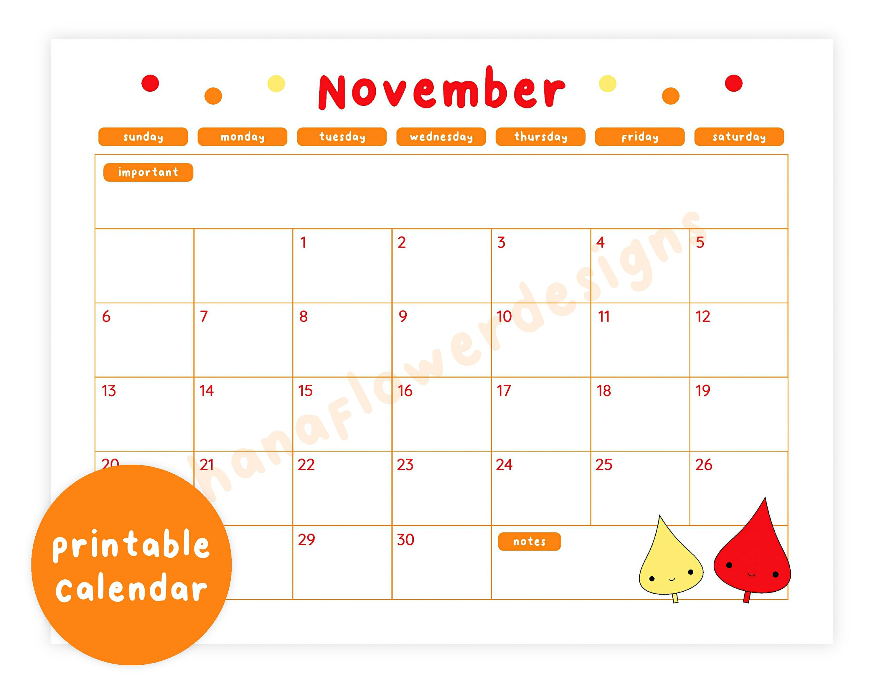 Printable November 2022 Calendar Cute Fall Leaves Monthly | Etsy