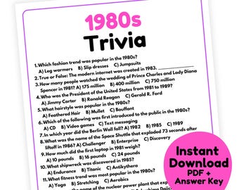 1980er Jahre Quiz-Spiel | 1980er Jahre Spiel zum Ausdrucken | 1980er Jahre Gesellschaftsspiel für Erwachsene und Kinder | 80er Jahre Quiz Spiel 80er Jahre Gesellschaftsspiel | Jahrzehnte Trivia Spiel