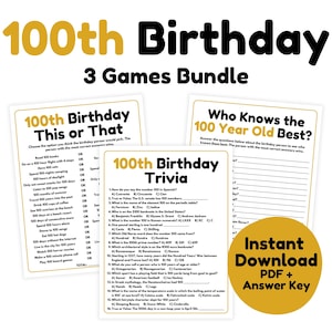 100th Birthday Games Bundle - Set of 3 Printable Games | 100th Birthday Trivia Games | 100th Birthday Party Games for Adults