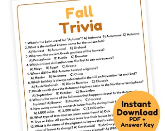 Puede incluir: Una hoja de juego de preguntas y respuestas titulada "Fall Trivia" en naranja. La hoja contiene preguntas de opción múltiple sobre temas de otoño, con un botón "Descarga instantánea PDF + Clave de respuestas".