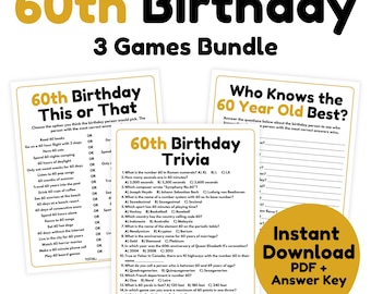 60th Birthday Games Bundle - Set of 3 Printable Games | 60th Birthday Trivia Games | 60th Birthday Party Games for Adults