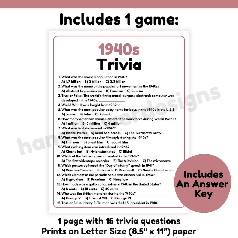 1940s Trivia Game | 1940s Game Printable | 1940s Party Game for Adults ...
