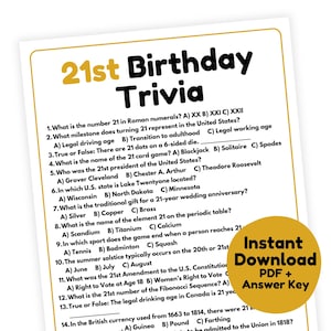 21. Geburtstag Quiz-Spiel | 21. Geburtstag Spiel zum Ausdrucken | 21. Geburtstag-Party-Spiel für Erwachsene | Einundzwanzigste Geburtstagsparty