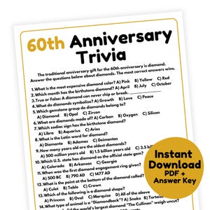 Op de afbeelding: Een printbaar 60e huwelijksjubileum-quiz over diamanten. Het spel bevat 14 multiple-choice vragen met antwoorden over de geschiedenis, eigenschappen en symboliek van diamanten. Het spel bevat een direct downloadbare PDF met een antwoordensleutel.