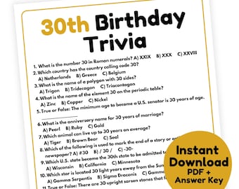 30th Birthday Trivia Game | 30th Birthday Game Printable | 30th Birthday Party Game for Adults | Thirtieth Birthday Party Game