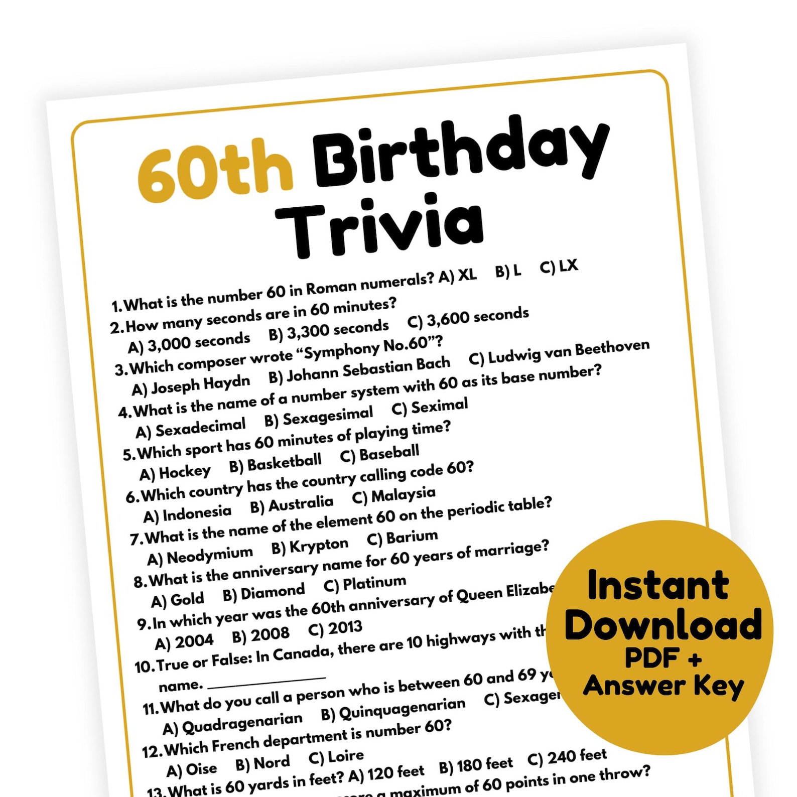 60th Birthday Trivia Game | 60th Birthday Game Printable | 60th ...