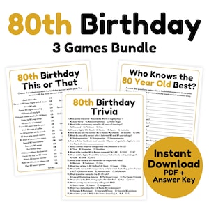 Pode incluir: Três jogos de festa de aniversário imprimíveis para um 80º aniversário: "80º aniversário: Isto ou aquilo", "Trivia de 80º aniversário" e "Quem conhece melhor o de 80 anos?" Os jogos estão em texto preto e dourado sobre um fundo branco. Os jogos são projetados para serem jogados com uma pessoa que faz 80 anos.