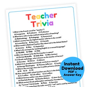 Lehrer-Trivia-Spiel | Lehrer Spiel zum Ausdrucken | Büro-Partyspiel für Erwachsene | Lehrer Ruhestand Spiel | Personalmeeting Spiel | Schultrivia