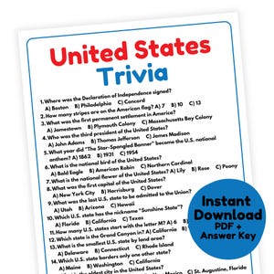 United States Trivia Game | United States Game Printable | 4th of July Game for Adults | America Trivia Game | Patriotic Game | USA Trivia