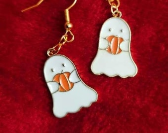 Gold pumpkin ghost earrings, cute ghost earrings, Halloween earrings
