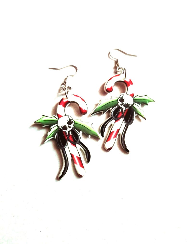 Gothmas earrings, gothic christmas earrings, skull candy cane earrings image 1