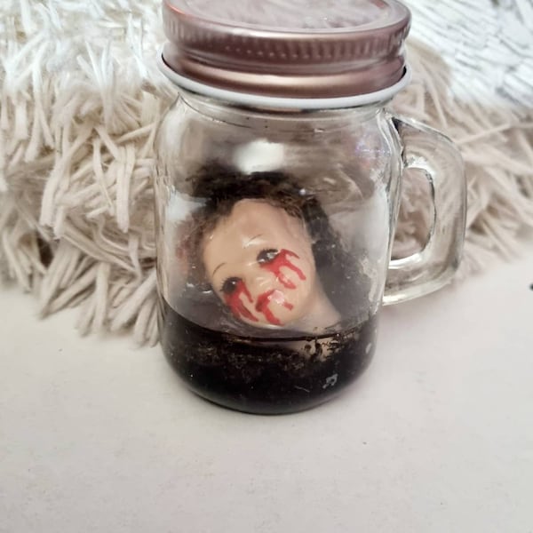 Creepy doll head diorama, severed head jar, curio, art doll