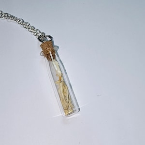 May include: A silver chain necklace with a small glass vial pendant. The vial is filled with dried white plant material and has a cork stopper.