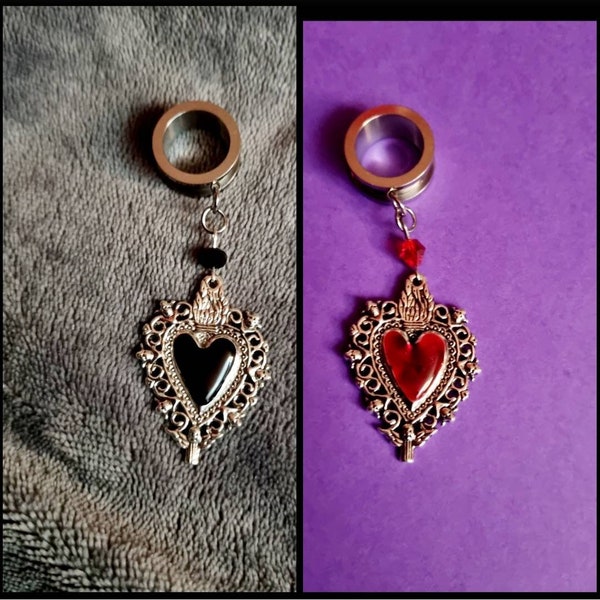 Sacred heart dangle tunnel, gothic dangle gauge, dangle ear plugs