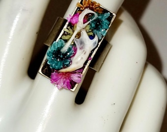 Real bone and flower ring, statement ring, curio ring, real mouse bone ring, handmade one of a kind ring