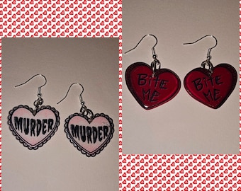 heart earrings, bite me earrings, murder earrings, acrylic heart earrings