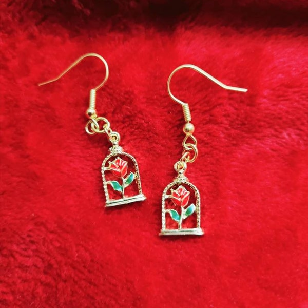 Rose dome earrings, pretty rose in dome earrings, fairytale earrings