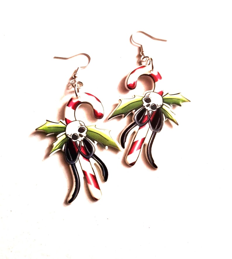 Gothmas earrings, gothic christmas earrings, skull candy cane earrings image 4