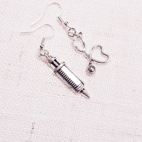 Stethoscope and syringe mismatch earrings, quirky mis match medical earrings, doctor,  nurse, vet earrings