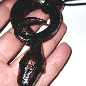 Può includere: Una collana con un ciondolo a forma di serpente nero, con il corpo avvolto e una testa dettagliata. Il serpente è fatto di un materiale scuro e testurizzato e ha una finitura lucida. La collana è fatta di un cordoncino nero.