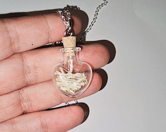 heart vial with bones pendant, real bone vial necklace, gothic Valentine, witchy Valentine, alternative valentine gift