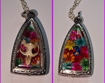 Gothic frame skull and flower pendant, real mouse skull with flowers pendant
