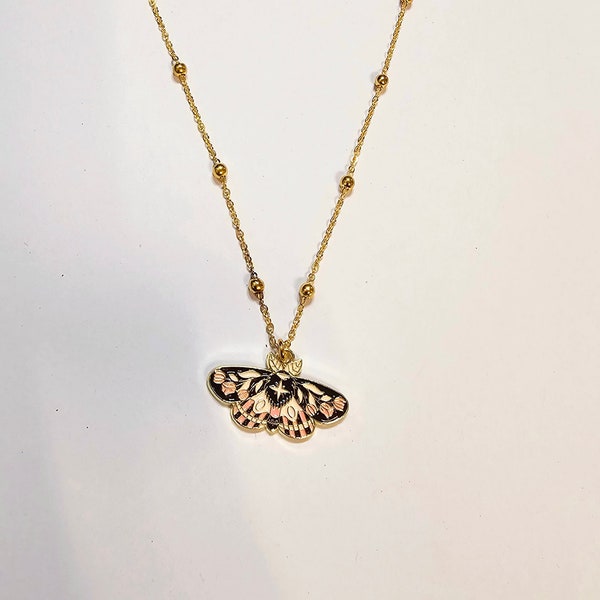 Moth pendant, flower pink moth pendant, gold moth necklace