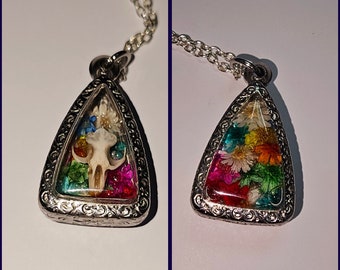 Nature inspired skull and flower pendant, mouse skull with flowers pendant