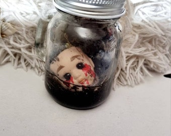 Creepy diorama, dolls head in jar, ooak art doll