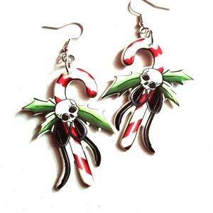 Gothmas earrings, gothic christmas earrings, skull candy cane earrings image 7