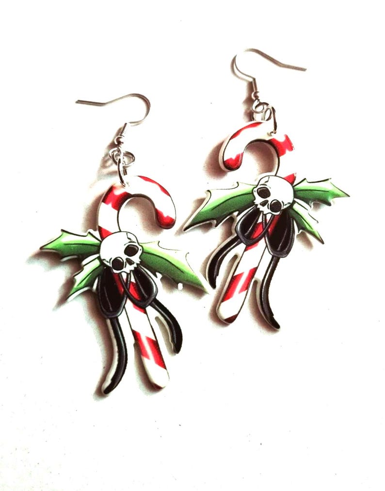 Gothmas earrings, gothic christmas earrings, skull candy cane earrings image 7