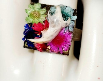 Real bone and flower ring, statement ring, curio ring, unique one of a kind ring