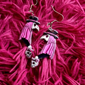 Plague doctor earrings, pink death doctor earrings, Dr death earrings