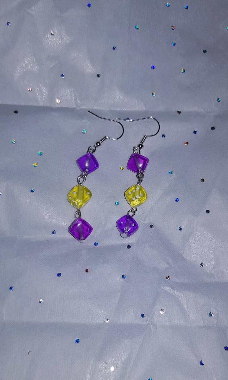 die earrings kitsch multi coloured dice dangle earrings Dice earrings