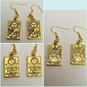 Orecchini tarocchi in oro, orecchini carte tarocchi, tarocchi la luna, tarocchi degli amanti, tarocchi del sole