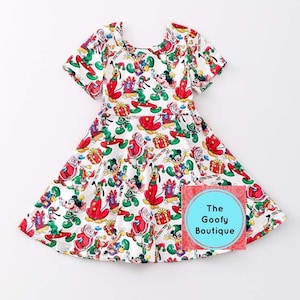 Robe de Noël Disney très joyeux Mickey, père Noël amis, robe virevoltant Parcs Disney 12 m à 18/20 robe pour filles Disney MANCHES COURTES