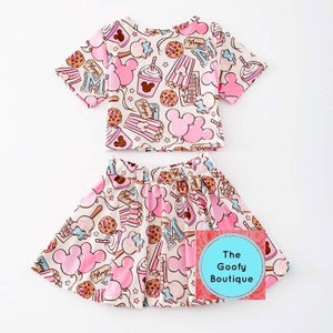 Disney Snacks 2 Piece Top Skirt Set Mickey Minnie Mouse Girls Teens Misses