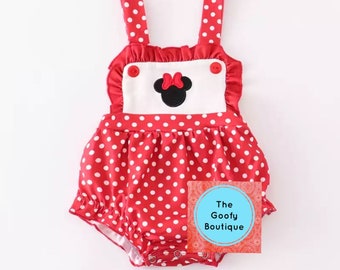 Minnie Mouse bubble romper embroidered Red white polka dot READY TO SHIP