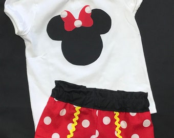 Minnie Mouse Shorts Red White Polka Dot Yellow trim Inspired Coachella tulip petal Toddler Infant Girls 0-3  to 14 Mickey Walt Disney