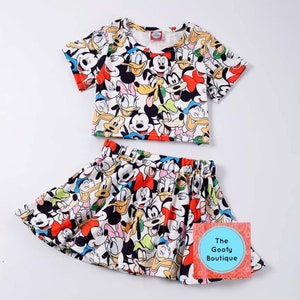 Disney Mickey and Friends Fab 5 Faces 2 Piece Top Skirt Set Goofy Mickey Minnie Mouse Donald Daisy Duck Pluto Matching Family Outfits