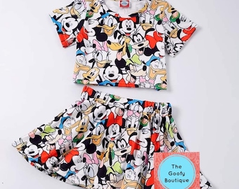 Disney Mickey and Friends Fab 5 Faces 2 Piece Top Skirt Set Goofy Mickey Minnie Mouse Donald Daisy Duck Pluto Matching Family Outfits