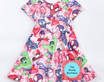 Vestido de Spidey y sus amigos Listo para enviar 12/18m 2t 3t 4t 5 6 7 8 9 10 12 14 Vestido de Spiderman Fantasma Spidey Hulk