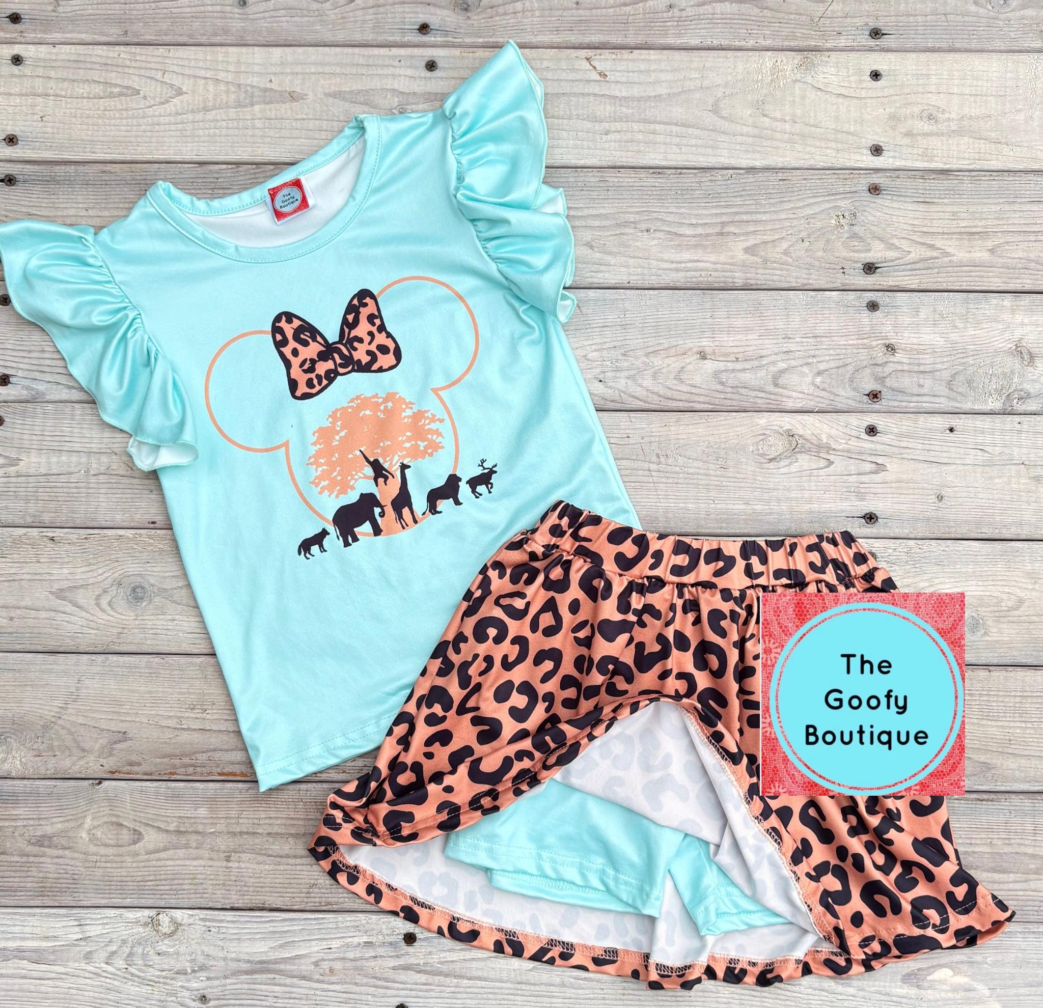 Disney Animal Kingdom 2 Piece Top Skort Skirt Set Girls Toddlers Tweens Minnie Cheetah Safari