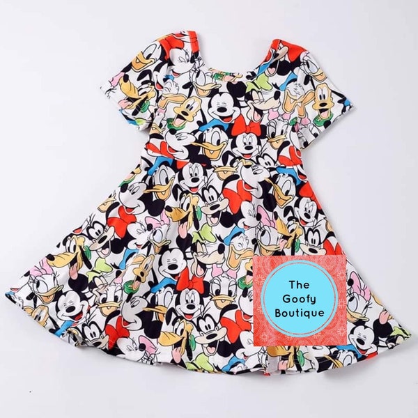 Disney Mickey and Friends Fab 5 Faces Girls kids twirl dress Goofy Mickey Minnie Mouse Donald Daisy Duck Pluto Matching Family Outfits