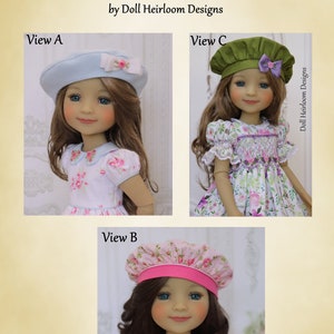May include: Three different views of a doll wearing three different hats. The doll is wearing a light blue beret, a pink and white floral beret, and a green beret with a purple bow. The doll is wearing a white dress with a floral pattern.