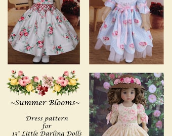 PDF "Summer Blooms"  Embroidered Collar and Smocked Dress Pattern for 13" Dianna Effner Little Darling Dolls by Doll Heirloom Designs