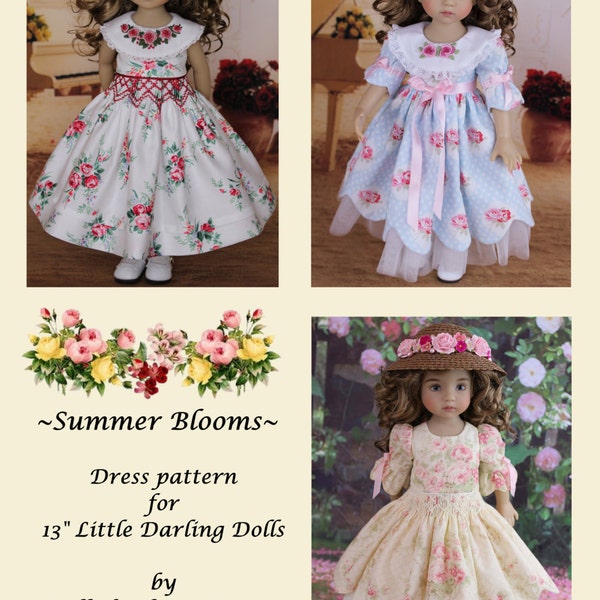 Modèle PDF de col brodé « Fleurs d'été » et de robe à smocks pour poupées Dianna Effner Little Darling de 33 cm (13 po) par Doll Heirloom Designs