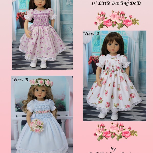 PDF "Beautiful Roses" Classic High Yoke Smocked Dress Pattern for 13" Dianna Effner Little Darling Dolls by Doll Heirloom Designs