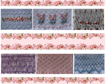 May include: A collection of different embroidery designs for baby clothes. The designs include a floral pattern with pink roses, a diamond pattern, and a blue and white pattern.