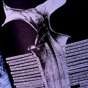 K&ouml;nnte beinhalten: Schwarz-wei&szlig;e Kunst mit einem stilisierten Blumendesign und Textausz&uuml;gen. Das Bild hat eine dunkle, stimmungsvolle &Auml;sthetik mit violetten und blauen Farbt&ouml;nen. Der Text ist in einer Serifenschrift.